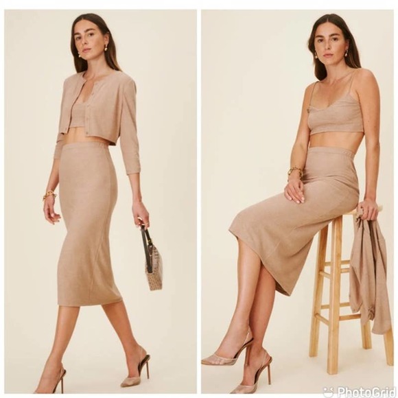 REFORMATION Janice Set Knit Cardigan and Midi Skirt Set in Buff NWT - Picture 5 of 12